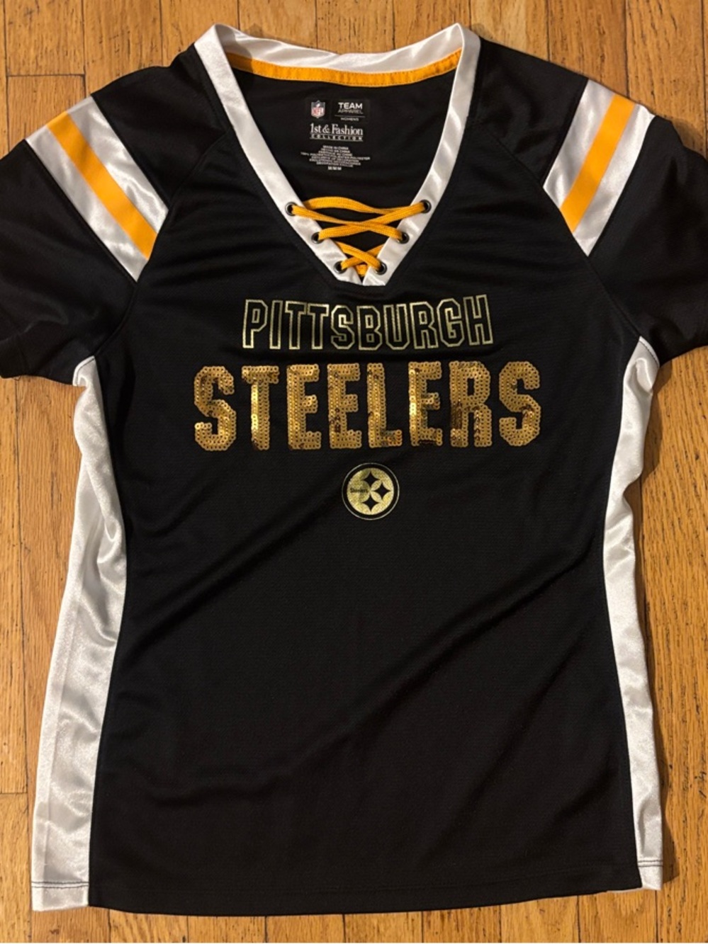 Pittsburgh Steelers Official NFL Women’s Sequin Lace-Up Jersey Top - Medium